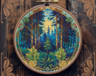 Art Nouveau cross stitch pattern, Forest cross stitch, Woodland cross stitch, Camping cross stitch, Hiking cross stitch Scenery cross stitch