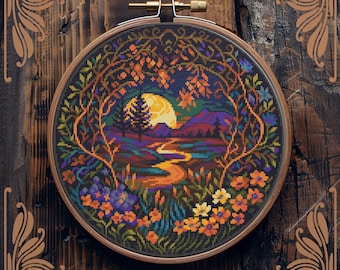 Art Nouveau cross stitch pattern, Forest cross stitch, Retro cross stitch, Hiking cross stitch, Floral cross stitch, Scenery cross stitch