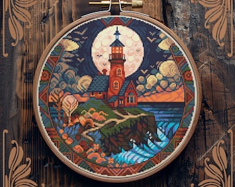Modèle de point de croix phare, point de croix Art nouveau, point de croix lune, point de croix nautique, point de croix rétro paysage point de croix