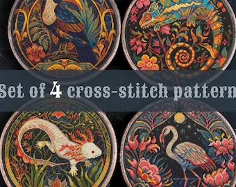 Set of 4 cross stitch patterns, Axolotl cross stitch, Chameleon cross stitch, Bird cross stitch, Wild animal cross stitch