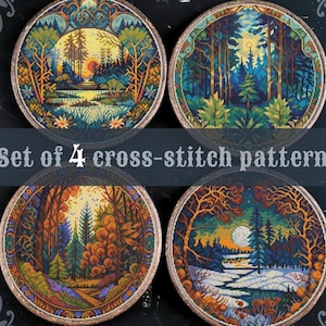 Set of 4 cross stitch patterns, Forest cross stitch, Fall cross stitch, Winter cross stitch, Hiking cross stitch, Scenery cross stitch image 1