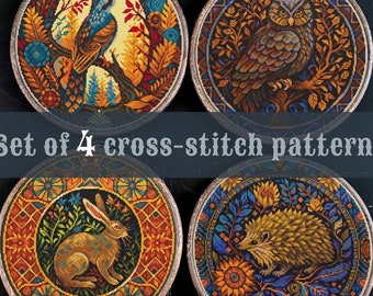 May include: Set of four cross-stitch patterns featuring a bird, owl, rabbit, and hedgehog. Each pattern is framed in a colorful, geometric design.