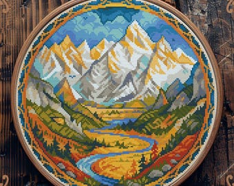 Mountain cross stitch pattern, Art Nouveau cross stitch, Camping cross stitch, Hiking cross stitch, Retro cross stitch, Scenery cross stitch