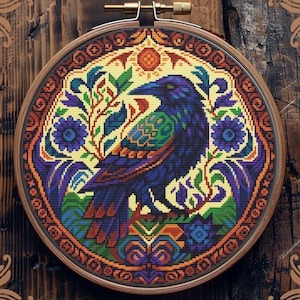Gothic Crow Cross Stitch Pattern: Witchy Raven Embroidery Design; Retro Halloween Bird (Instant Digital Download)
