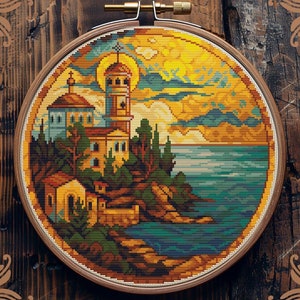 Town cross stitch pattern, Art Nouveau cross stitch, Nautical cross stitch, Church cross stitch, Christian cross stitch