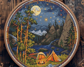 Fall Nature Cross Stitch Pattern: Cozy Forest Scenery Embroidery Design; Autumn Hiking (Instant Digital Download)