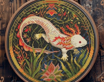 Axolotl cross stitch pattern, Art Nouveau cross stitch, Witchy cross stitch, Retro cross stitch, Wild animal cross stitch