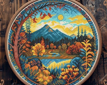 Art cross stitch pattern, Fall cross stitch, Mountain cross stitch, Autumn cross stitch, Hiking cross stitch, Scenery cross stitch