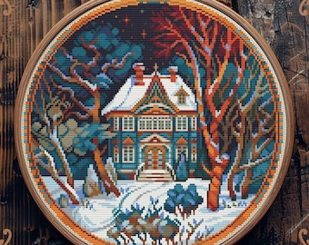 Merry Christmas cross stitch pattern, Winter cross stitch, House cross stitch, Art Nouveau cross stitch, Scenery cross stitch