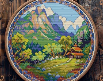 Mountain cross stitch pattern, Art Nouveau cross stitch, Camping cross stitch, Hiking cross stitch, Retro cross stitch, Scenery cross stitch