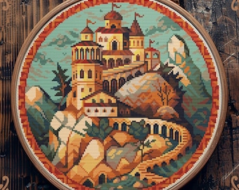 Art Nouveau cross stitch pattern, Town cross stitch, Retro cross stitch, Castle cross stitch, Medieval cross stitch, Scenery cross stitch