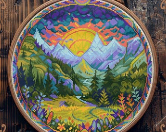 Mountain cross stitch pattern, Art Nouveau cross stitch, Camping cross stitch, Hiking cross stitch, Retro cross stitch, Scenery cross stitch