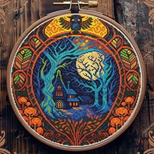 Witchy cross stitch, Gothic cross stitch pattern, Moon cross stitch, Halloween cross stitch, Ghost cross stitch, Haunted house cross stitch