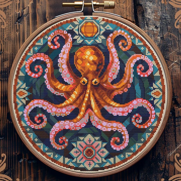 Octopus cross stitch pattern, Art Nouveau cross stitch, Sea cross stitch, Ocean cross stitch, Nautical cross stitch, Retro cross stitch