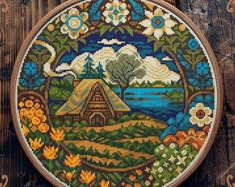 Art Nouveau cross stitch pattern, Village cross stitch, Floral cross stitch, Retro cross stitch, Flower cross stitch, Scenery cross stitch