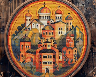Town cross stitch pattern, Church cross stitch, Christian cross stitch, Medieval cross stitch, City cross stitch