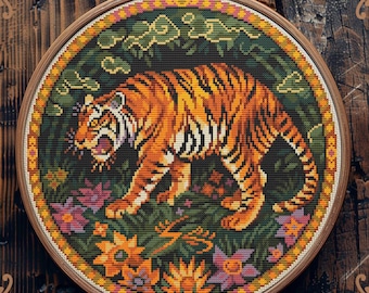 Tiger cross stitch pattern, Art Nouveau cross stitch, Woodland animal cross stitch, Retro cross stitch, Wild animal cross stitch