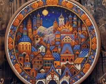 Art Nouveau cross stitch, Town cross stitch, Winter cross stitch pattern, Medieval cross stitch, Retro cross stitch, Village cross stitch