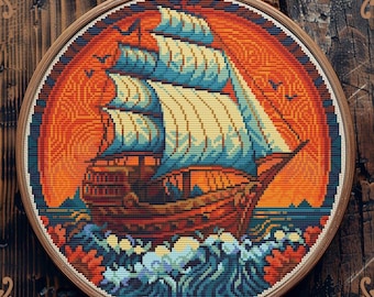 Art Nouveau cross stitch pattern, Sailboat cross stitch, Pirate cross stitch, Sea cross stitch, Retro cross stitch, Nautical cross stitch