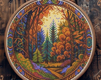 Art cross stitch pattern, Fall cross stitch, Autumn cross stitch, Woodland cross stitch, Hiking cross stitch, Scenery cross stitch