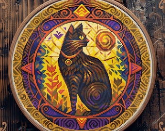Black Cat Cross Stitch Pattern: Gothic Halloween Embroidery Design; Witchy Art Nouveau (Instant Digital Download)