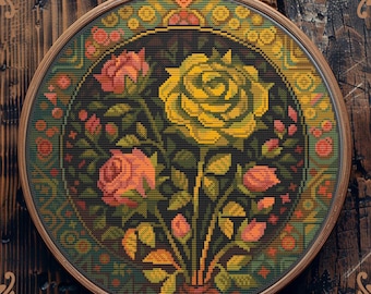 Art Nouveau cross stitch pattern, Rose cross stitch, Flower cross stitch, Floral cross stitch, Medieval cross stitch, Retro cross stitch