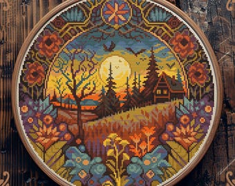 Witchy Village Cross Stitch Pattern: Halloween Fall Forest Embroidery Design; Autumn Nature Scenery (Instant Digital Download)