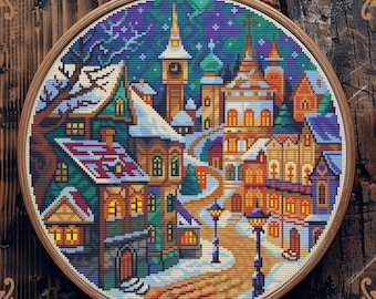 Merry Christmas Cross Stitch Pattern: Winter Town Embroidery Design; Retro Scenery (Digital)