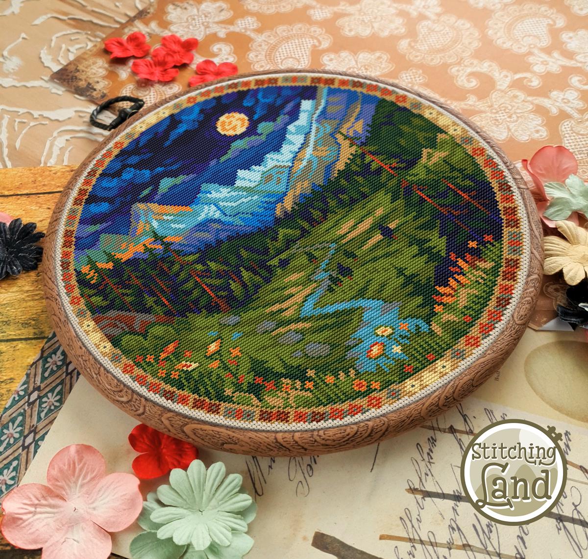 山のクロスステッチパターン：森の自然風景の刺繍デザイン；キャンプ