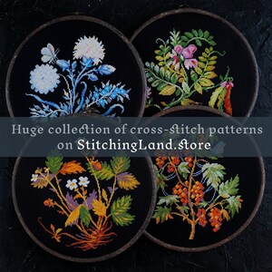 May include: Four embroidery hoops with black fabric and colourful cross-stitch patterns of flowers and berries. The hoops are on a black surface. Huge collection of cross-stitch patterns on StitchingLand.store