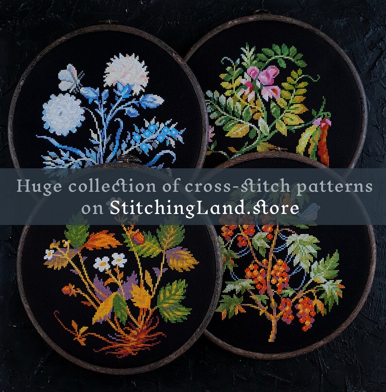 May include: Four embroidery hoops with black fabric and colourful cross-stitch patterns of flowers and berries. The hoops are on a black surface. Huge collection of cross-stitch patterns on StitchingLand.store