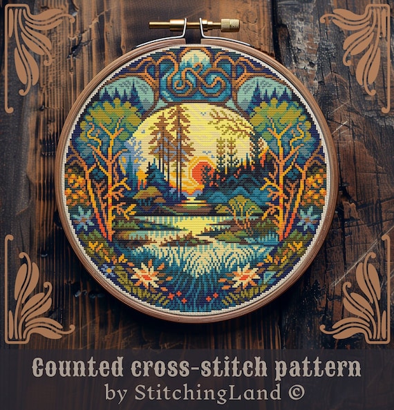Art Nouveau cross stitch pattern, Forest cross stitch, Retro cross stitch, Hiking cross stitch, Floral cross stitch, Scenery cross stitch