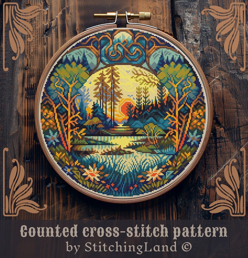 May include: Counted cross-stitch pattern of a colorful forest scene with a sunset in the background. The pattern is framed in a wooden hoop.