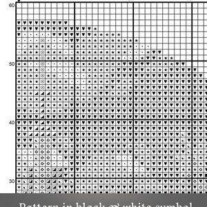 K&ouml;nnte beinhalten: Schwarzwei&szlig;es Kreuzstichmuster mit Herzen, Sternen, Kreisen und Dreiecken. Das Muster befindet sich auf einem Gitter mit den Zahlen 10, 20 und 30 oben und den Zahlen 30, 40, 50 und 60 links. Der Text "Pattern in black & white symbol" befindet sich unten im Bild.