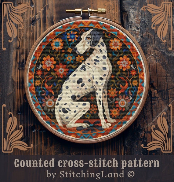 Dog cross stitch pattern, Art Nouveau cross stitch, Pet cross stitch, Retro cross stitch, Ornament cross stitch, Floral cross stitch