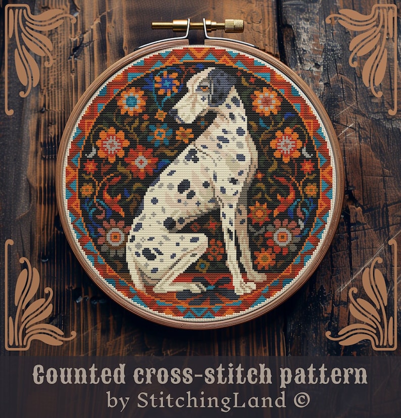 May include: Counted cross-stitch pattern of a white dalmatian dog with black spots sitting on a colorful floral patterned background. The pattern is in a round embroidery hoop.
