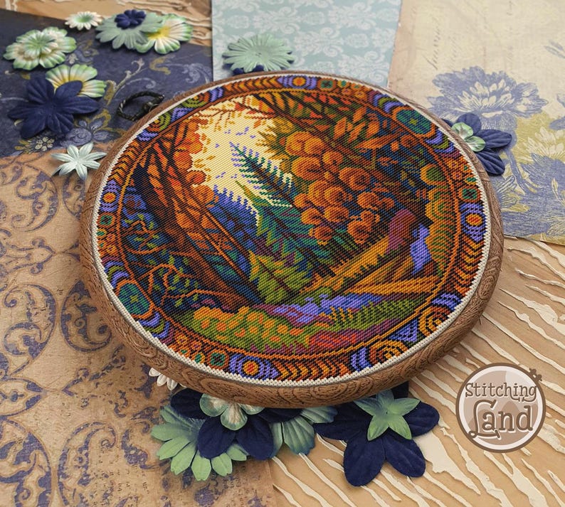 Set of 4 cross stitch patterns, Forest cross stitch, Fall cross stitch, Winter cross stitch, Hiking cross stitch, Scenery cross stitch image 4