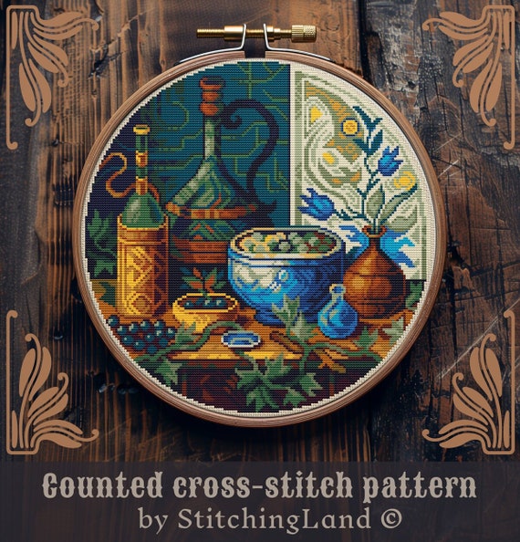 Art Nouveau cross stitch pattern, Floral cross stitch, Retro cross stitch, Medieval cross stitch, Flower cross stitch