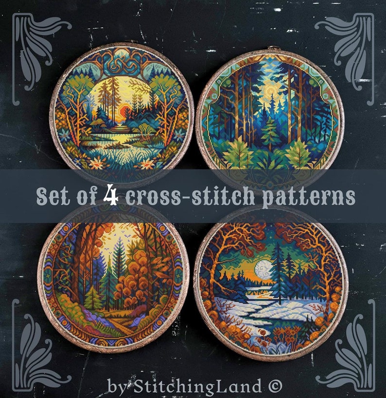 Set of 4 cross stitch patterns, Forest cross stitch, Fall cross stitch, Winter cross stitch, Hiking cross stitch, Scenery cross stitch image 1