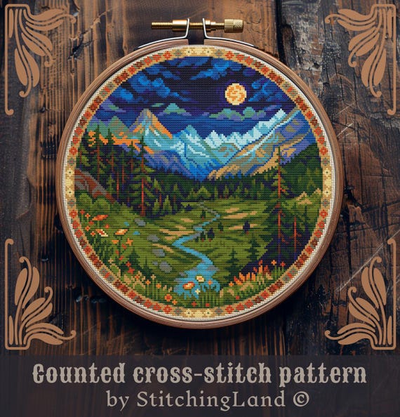 山の刺繍画 山のクロスステッチパターン：森の自然風景の刺繍デザイン；キャンプ