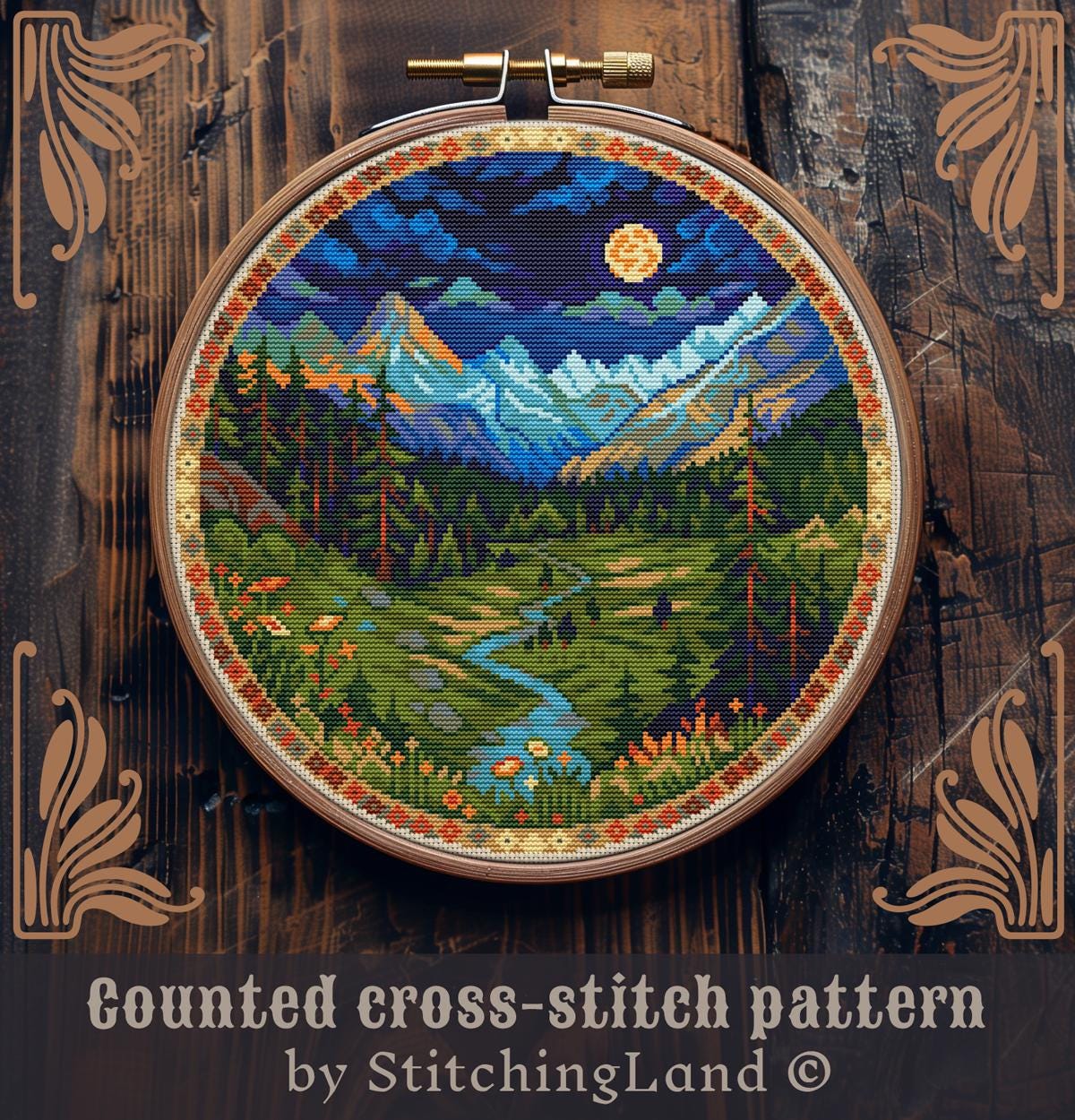 山の刺繍画 山のクロスステッチパターン：森の自然風景の刺繍デザイン；キャンプ