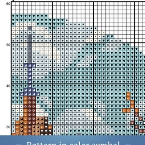 May include: Cross stitch pattern chart featuring a blue, white and brown colour scheme. The pattern includes a variety of symbols, such as hearts, stars and squares.