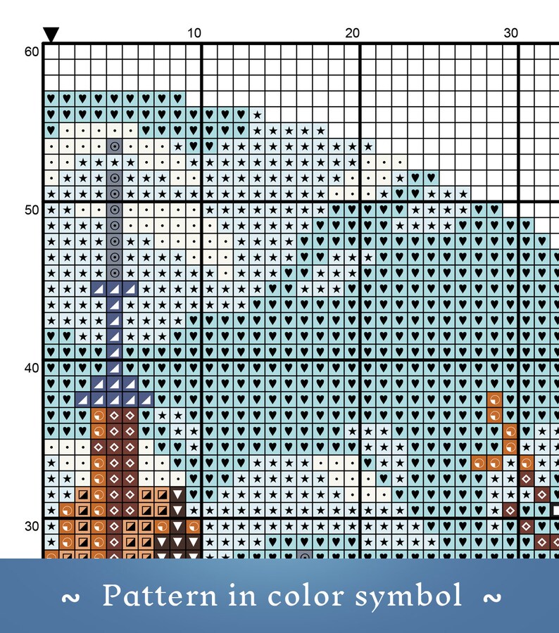 May include: Cross stitch pattern chart featuring a blue, white and brown colour scheme. The pattern includes a variety of symbols, such as hearts, stars and squares.