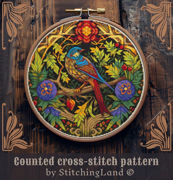 Art Nouveau cross stitch pattern, Bird cross stitch, Flower cross stitch, Floral cross stitch, Retro cross stitch, Modern cross stitch