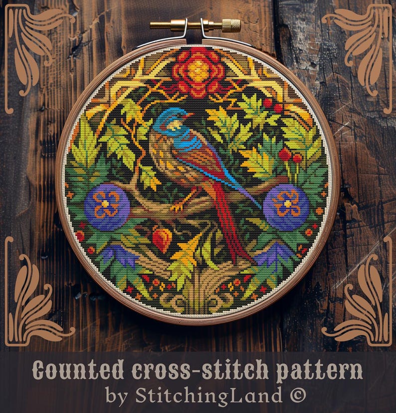 May include: Counted cross-stitch pattern of a colorful bird perched on a branch in a lush garden setting. The design features intricate details of leaves, flowers, and berries. The pattern is framed in a wooden embroidery hoop.