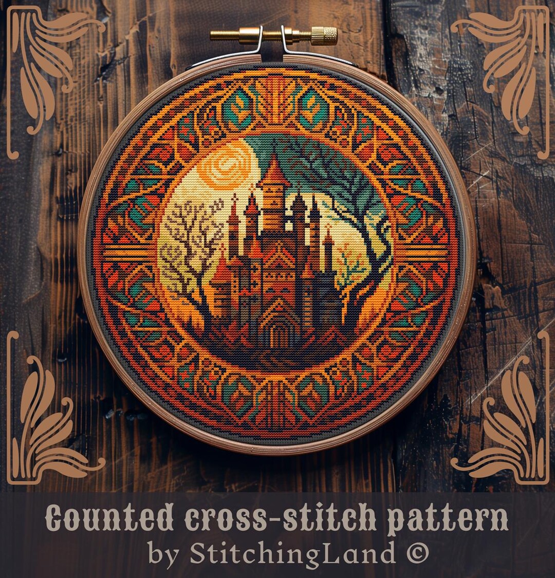 Gothic Castle Cross Stitch Pattern: Halloween Ghost Embroidery Design ...