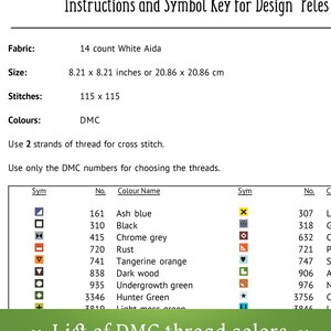 May include: Instructions and symbol key for a cross stitch design called "Peles". The pattern uses 14 count white Aida fabric and requires 115 x 115 stitches. The pattern uses DMC threads and includes a colour chart with symbols and DMC thread numbers.
