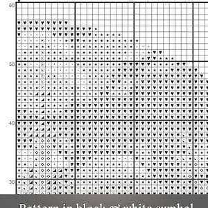 K&ouml;nnte beinhalten: Schwarzwei&szlig;es Kreuzstichmuster mit Herzen, Sternen, Kreisen und Dreiecken. Das Muster befindet sich auf einem Gitter mit den Zahlen 10, 20 und 30 oben und den Zahlen 30, 40, 50 und 60 links. Der Text "Pattern in black & white symbol" befindet sich unten im Bild.