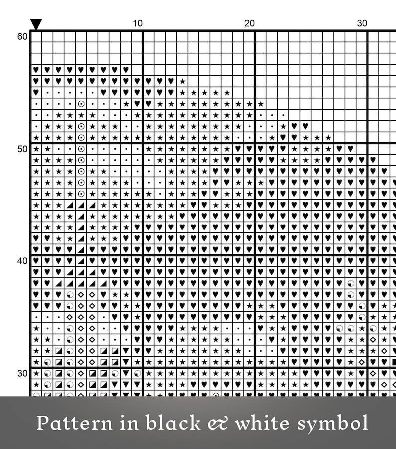 K&ouml;nnte beinhalten: Schwarzwei&szlig;es Kreuzstichmuster mit Herzen, Sternen, Kreisen und Dreiecken. Das Muster befindet sich auf einem Gitter mit den Zahlen 10, 20 und 30 oben und den Zahlen 30, 40, 50 und 60 links. Der Text "Pattern in black & white symbol" befindet sich unten im Bild.