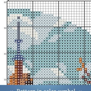 K&ouml;nnte beinhalten: Kreuzstich-Musterkarte mit einem Farbschema in Blau, Wei&szlig; und Braun. Das Muster enth&auml;lt verschiedene Symbole, darunter Herzen, Sterne und Quadrate.